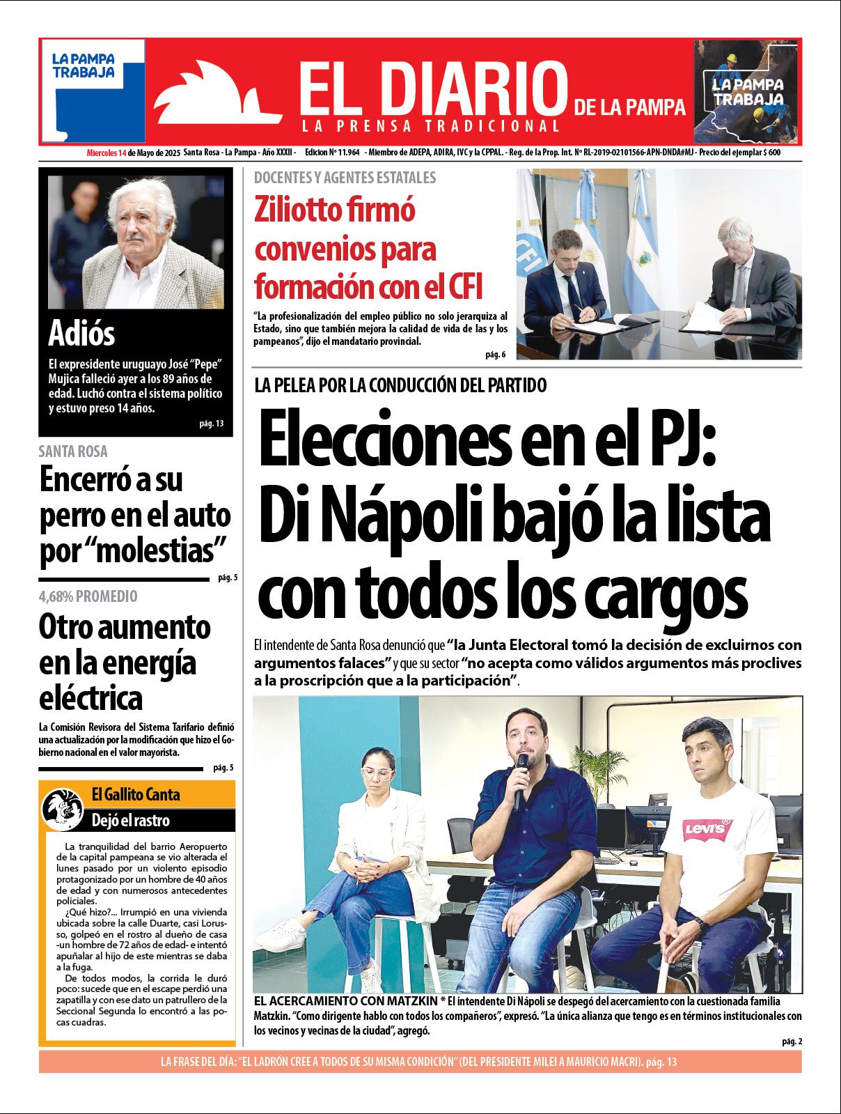 Tapa de El Diario en papel  mieacutercoles 14 de mayo de 2025